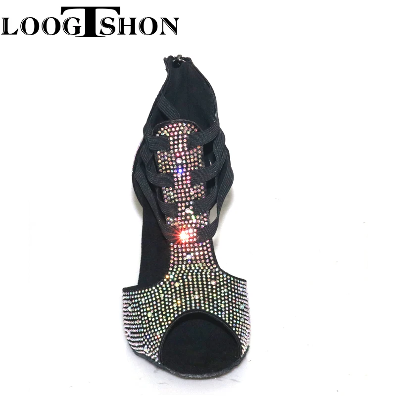 Loogtshon  PROMO Rhinestone Professional Latin Dance Heel 9CM neon green Lady Dance Shoes Soft Samba Rumba Cha  Dancing Shoes