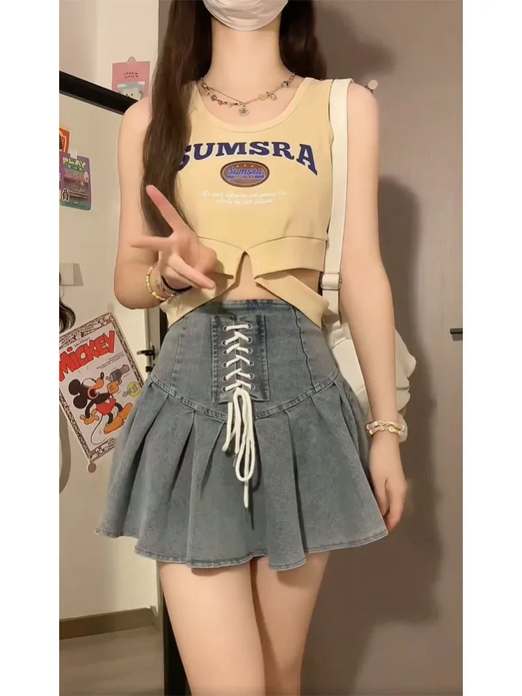 Jupe en jean taille haute pour femmes, douce et fraîche, fille épicée, ceinture amincissante, Design ligne a, jupe plissée, nouvelle collection été