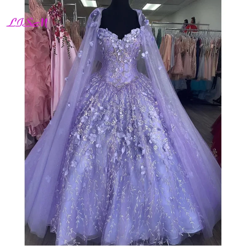 

Vestido De 15 Anos Сиреневые платья Quinceanera с плащом и кружевным корсетом с аппликацией Sweet 16, роскошное платье для выпускного вечера с 3D цветами