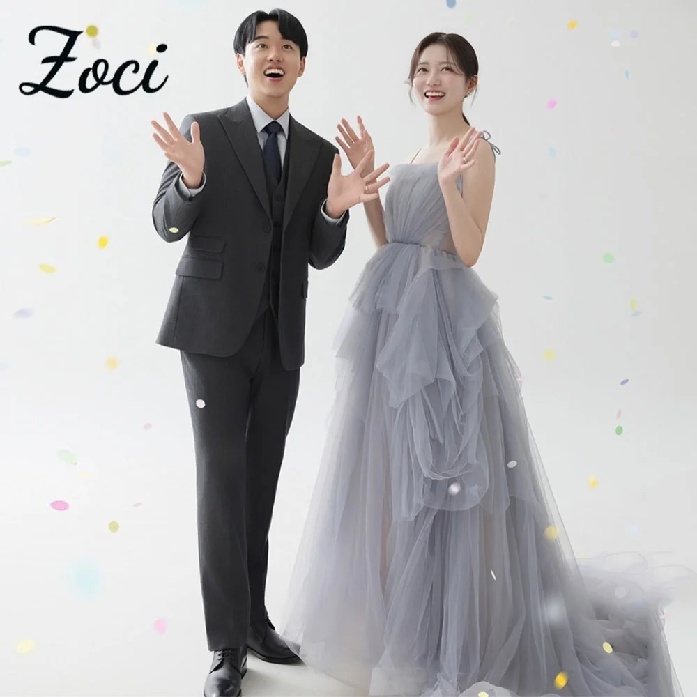 

Zoci Dusty Blue A-line Strapless Korea Wedding Dresses Photo Shoot Spaghetti Straps Dress Customized Corset Formal Party Gown