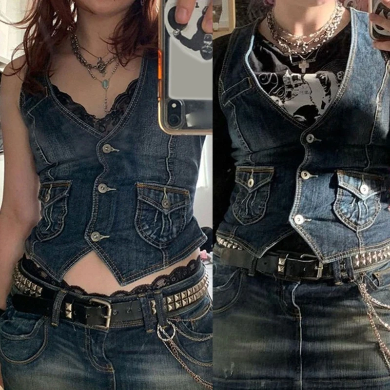 

Women's V Neck Denim Tank Tops Vintage Jeans Corset Tops with Pockets Stylish Button-Down Vest Cardigan Chic Casual Tops