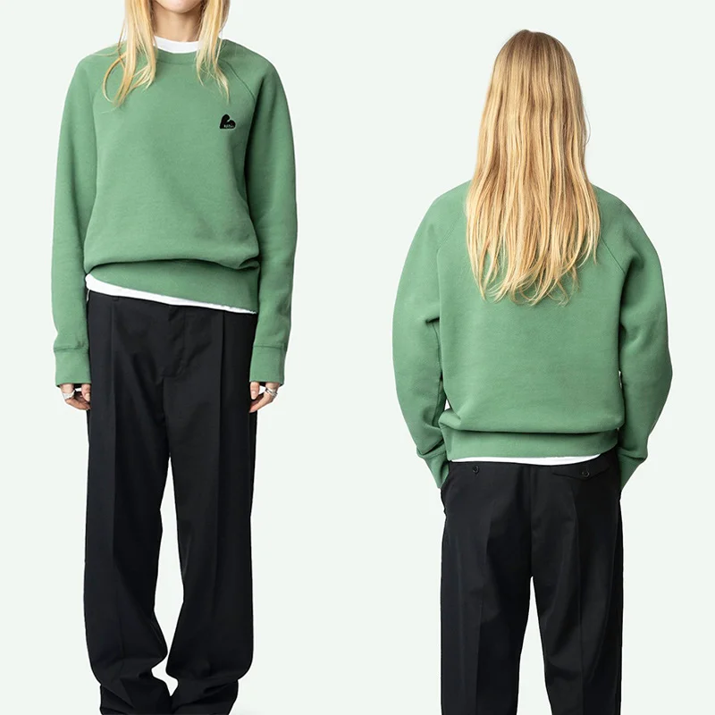 Women Green Pullover Love Embroidery Cotton Tops Female O-Neck Sweatshirts Casual Long Sleeve Sweatshirt Loose Winter Tops