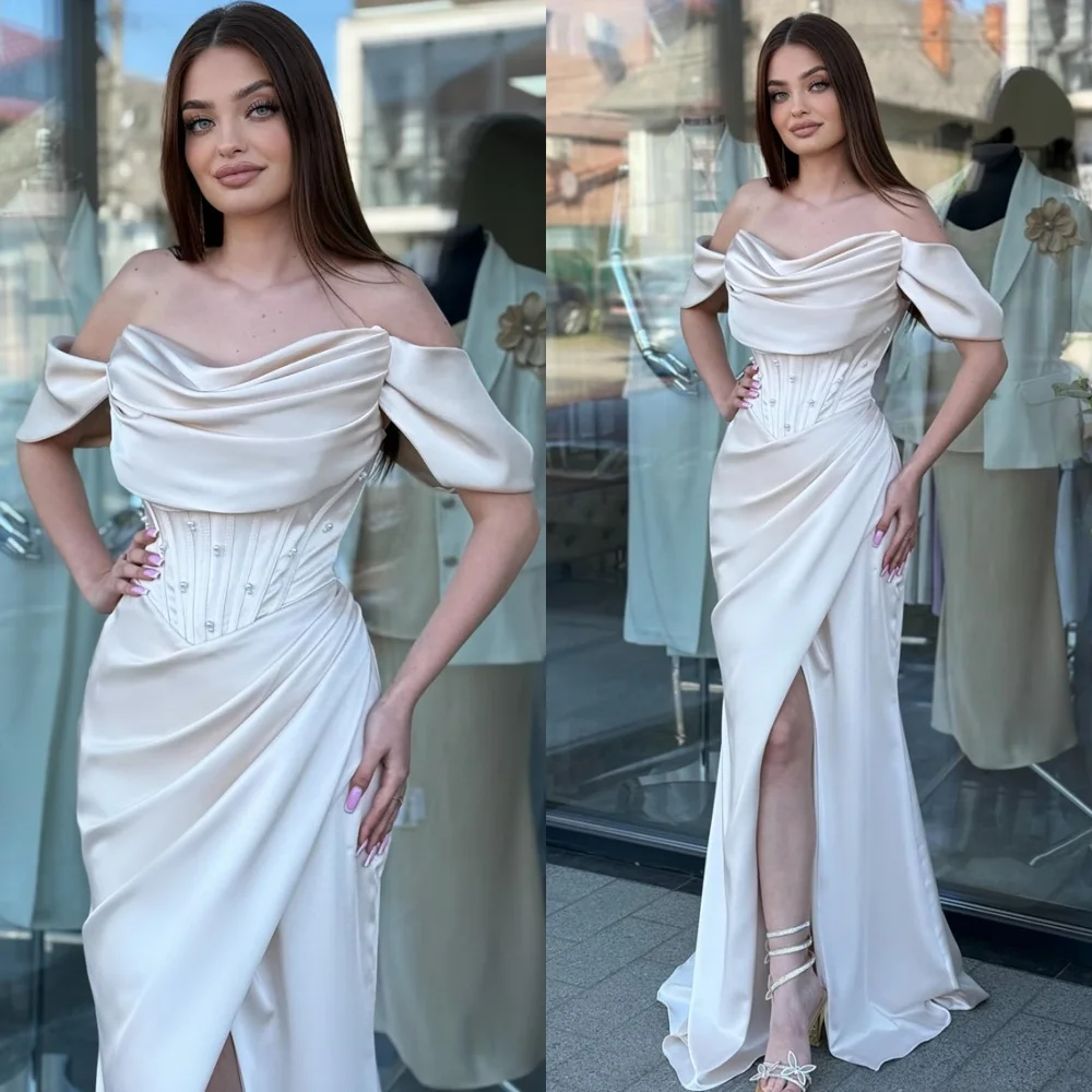 

Customized Mermaid Exquisite Satin Evening Dress Fashion Strapless Off the Shoulder Vestido De Festa Sleeveless Prom Dress