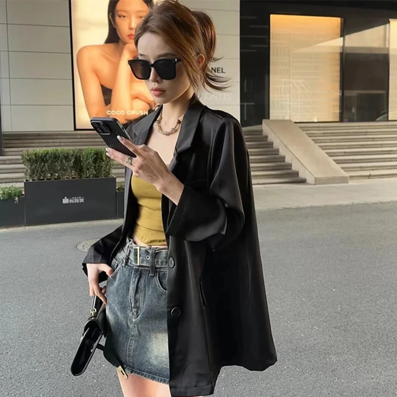 

Популярная корейская одежда в стиле Old Money, женский черный пиджак, женское пальто, модные облегающие топы с подплечниками в семь четвертей