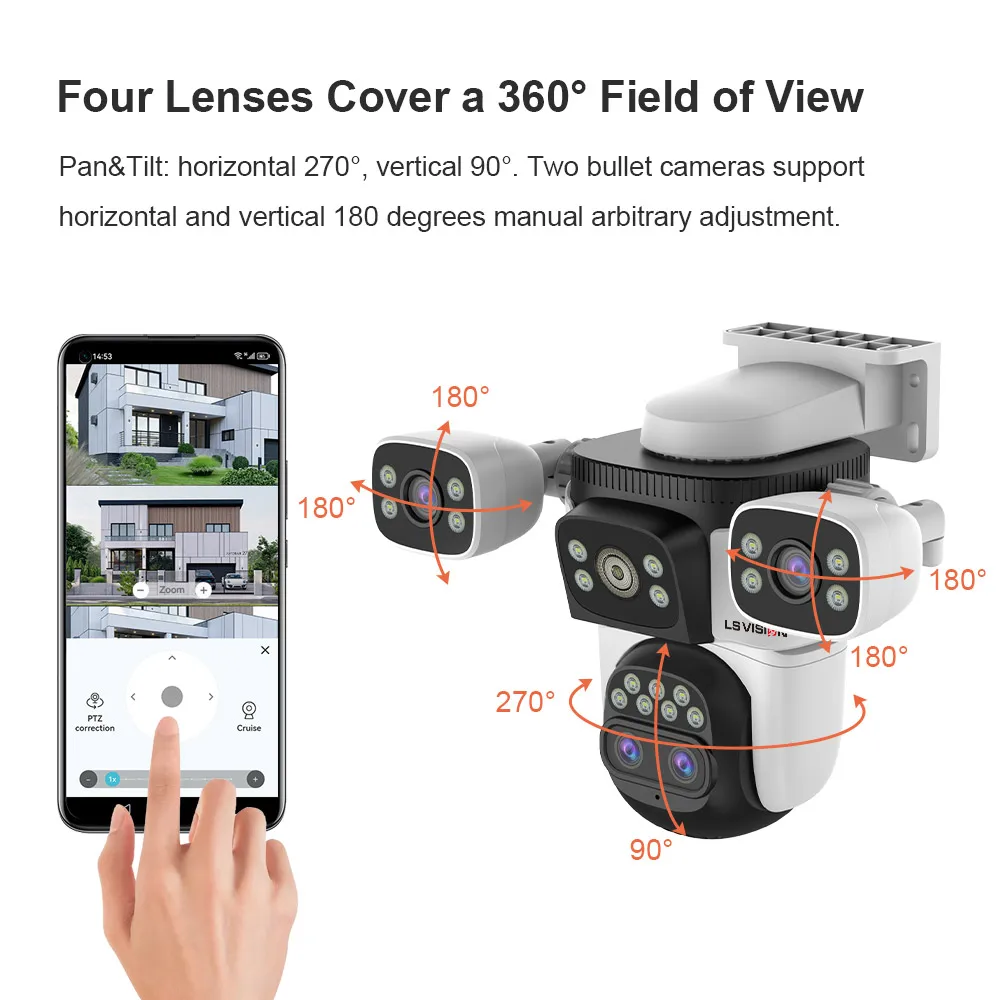LS VISION 20MP 10X ซูมสามหน้าจอ WiFi IP กล้องไร้สายกลางแจ้ง 10K สี่เลนส์ PTZ มนุษย์การติดตามอัตโนมัติกล้องเฝ้าระวัง