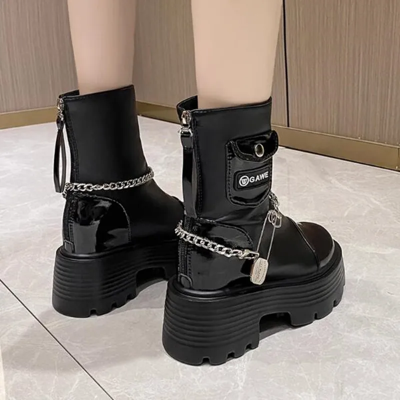 Bottes de rinçage à talons hauts épais pour femmes, bottes de moto à plateforme d'hiver, bottes en cuir PU coordonnantes, fermeture éclair, 9cm, nouveau, 2024