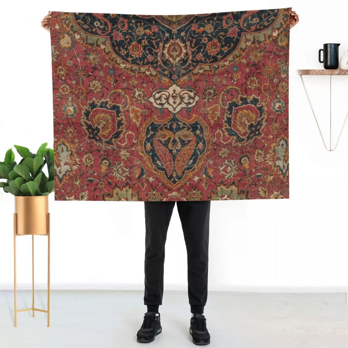 Persian Medallion Rug VIII // 16th Century Distressed Red Green Blue Flowery Colorful Ornate Pattern Throw Blanket