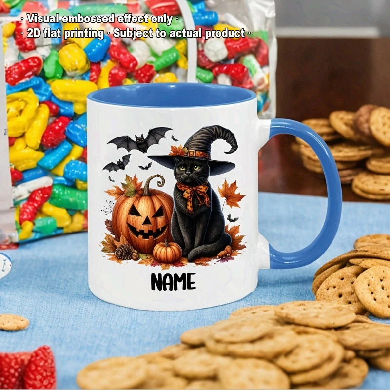 Personalized Halloween Themed Ceramic Mug Custom Name 11oz Coffee Cup Featuring Black Cat and Jack O Lantern Design 3