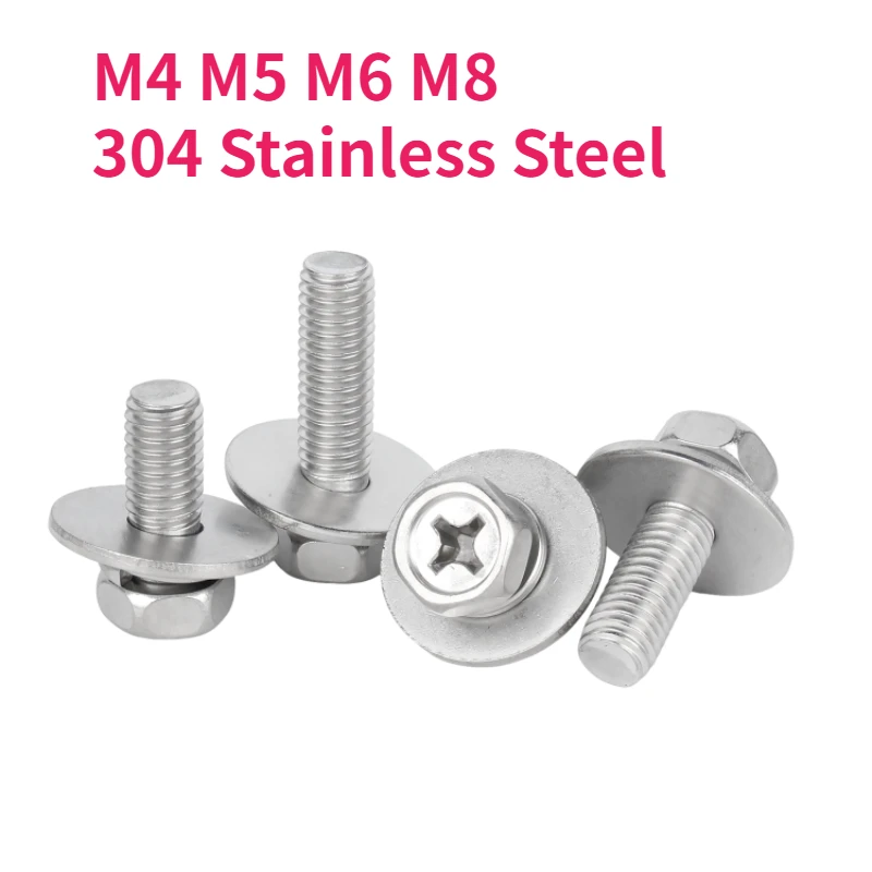 M4 M5 M6 M8 304 Stainless Steel Cross Recessed External Hex Head Screw with Flat Spring Washer Three Combination
