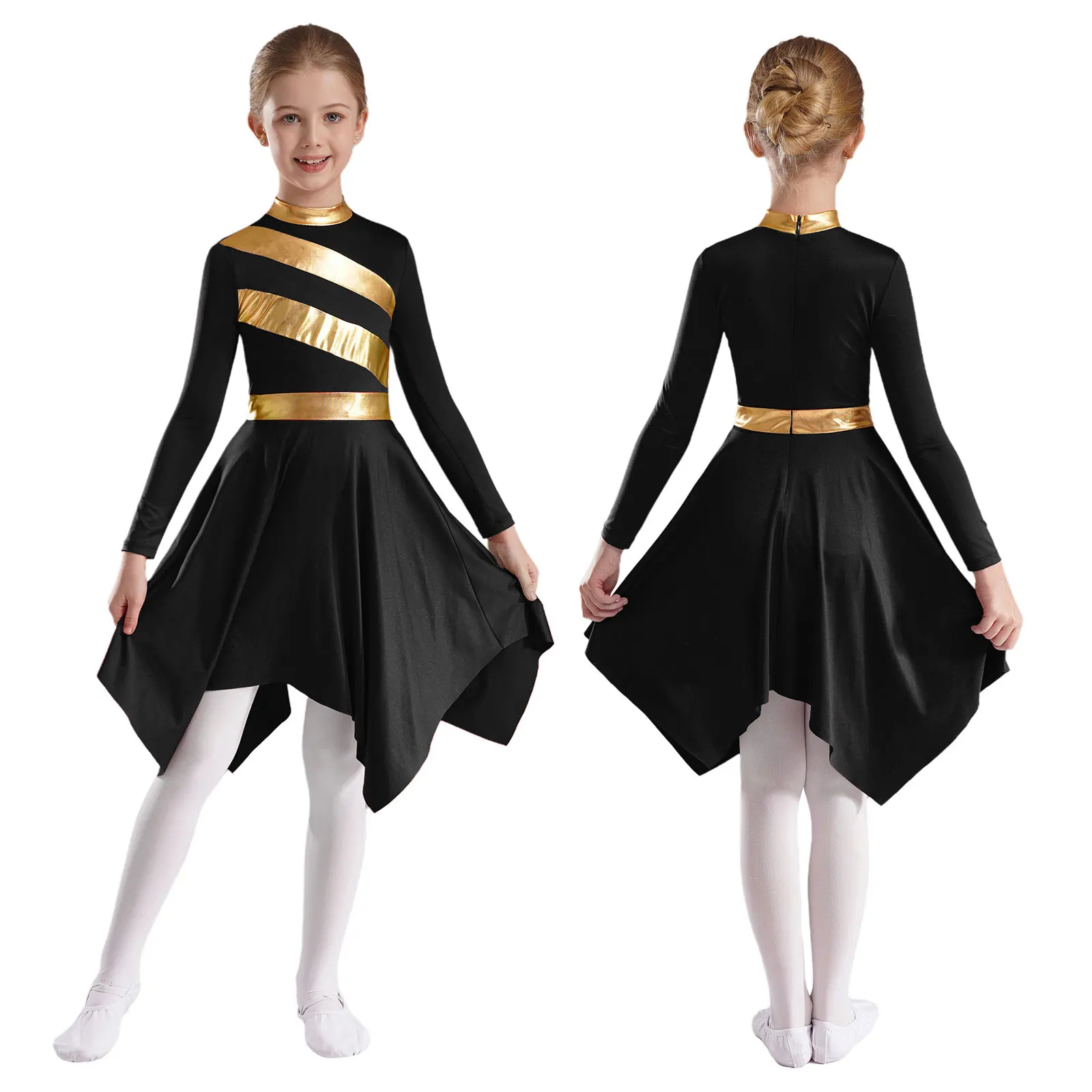 Children Girls Praise Lyrical Dance Costume Church Choir Worship Gown Long Sleeve Asymmetrical Hem Dress Ballroom Waltz Clothes