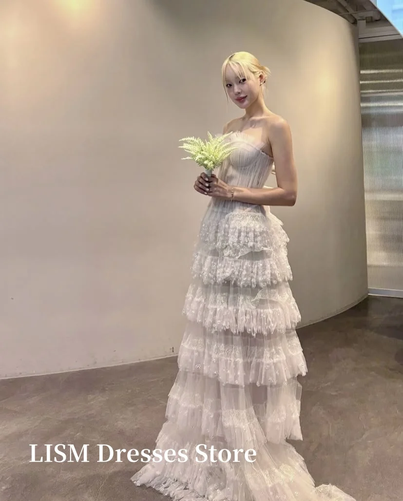 LISM Elegant Korea Wedding Dresses Photo Shoot Lace Ruffle Sleeveless Sweet Floor Length Bridal Gowns Corsets 웨딩드레스 Customized