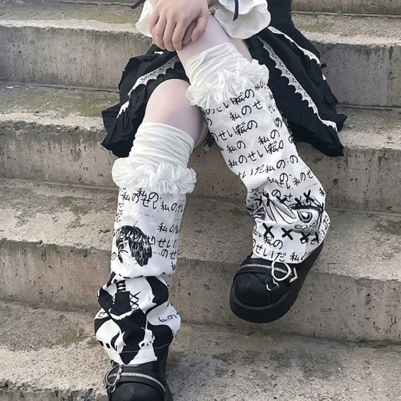 Harajuku Elastic Ruffle Trim Flared Loose Leg Warmer for Women Aesthetic Punk Japanese Anime Letter Print Leg Cover Sock