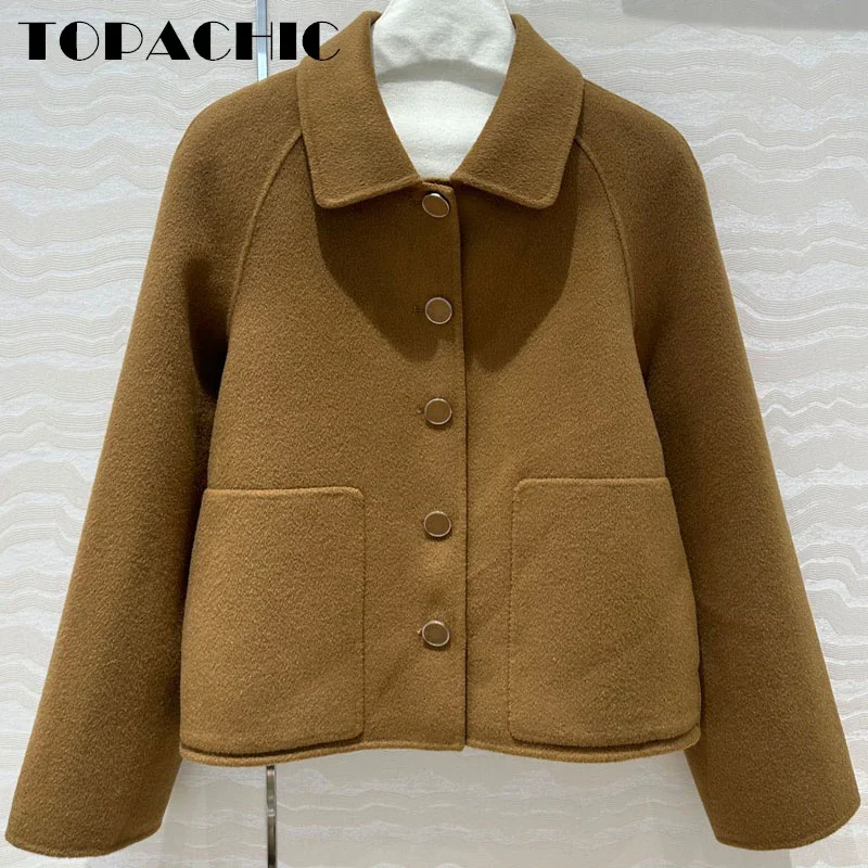 7.21 TOPACHIC-Women High Quality Cashmere Double-Sided Woolen Coat Elegant Lapel Metal Button Single Breasted Short Outerwear