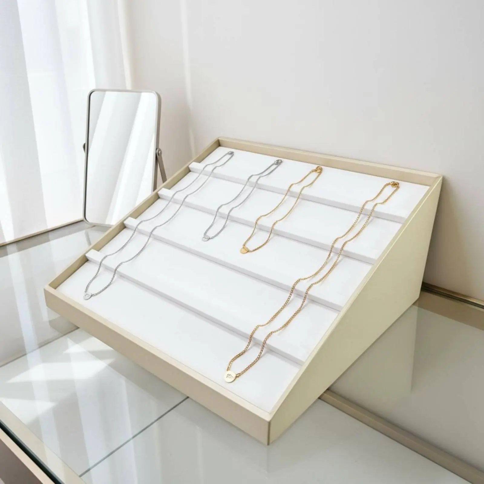 

Sloped Jewelry Display Rack Sturdy Construction Multi-Row Necklace Display Tray 4 Tier Jewelry Stand Sleek Black Finish