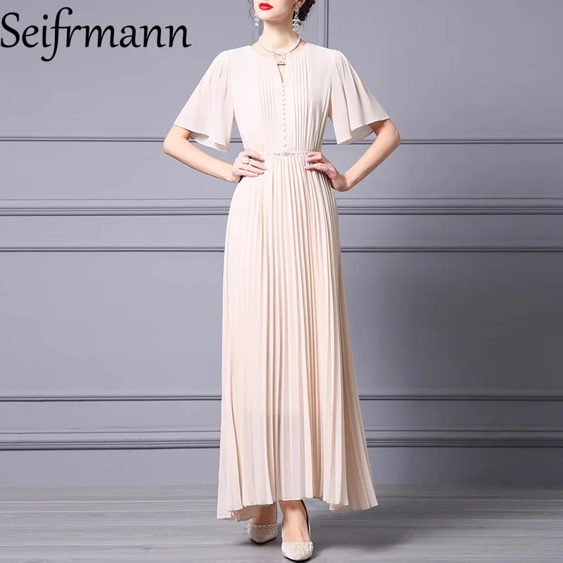 Seifrmann In The Summer Of 2025 The New Elegant Dress Short-sleeved High-Waist Button Fashion Solid Women's Pleated Dress