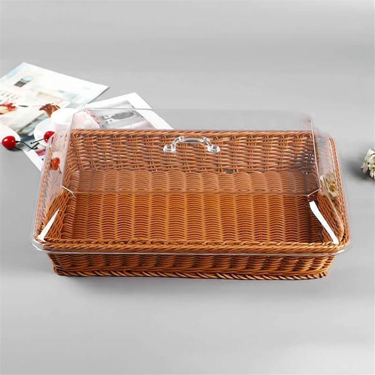سلة بغطاء، سلة مع غطاء للأغذية، سلة تقديم الطعام على الطاولة، سلة نزهة منسوجة، سلة خبز للتقديم باللون البني