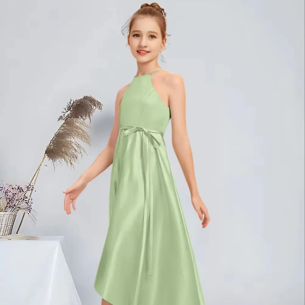 WW Kids A-line Halter Asymmetrical Satin Junior Bridesmaid Dress Elegant Celadon Flower Girl Dress for Wedding Party Dress Teens