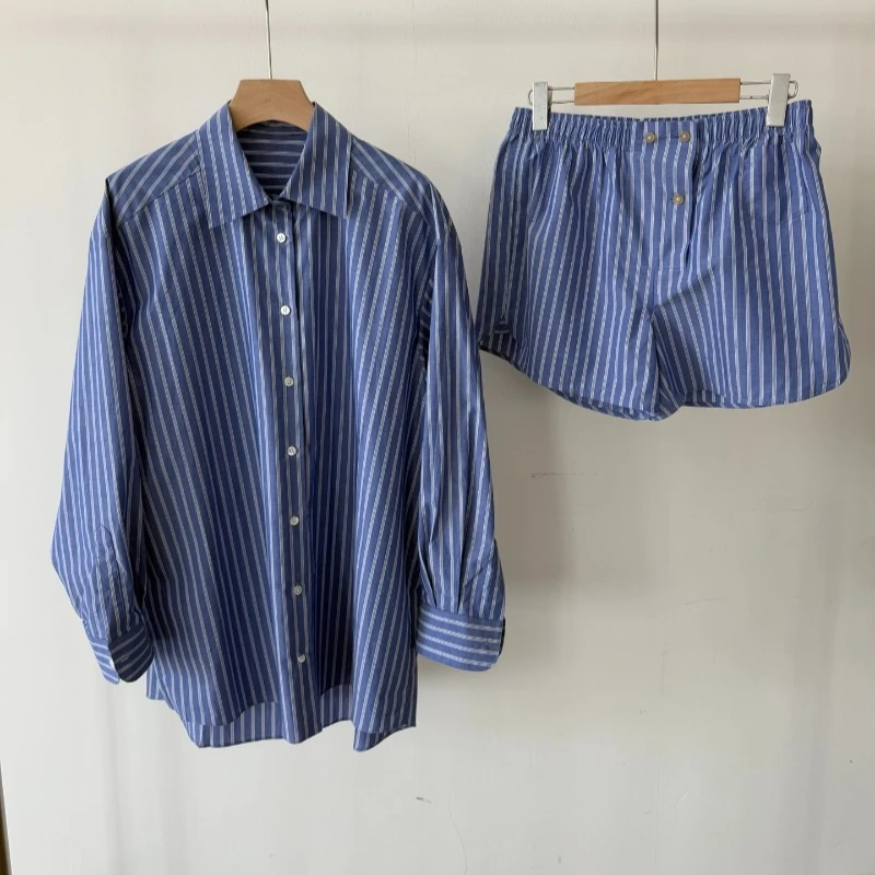 

Blue and White Striped Shirt Cotton Shorts Set