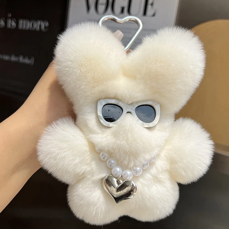 Óculos de sol de pele de coelho lontra real boneca fofa pequeno coelho chaveiro de carro pingente mochila decoração de pelúcia coelho