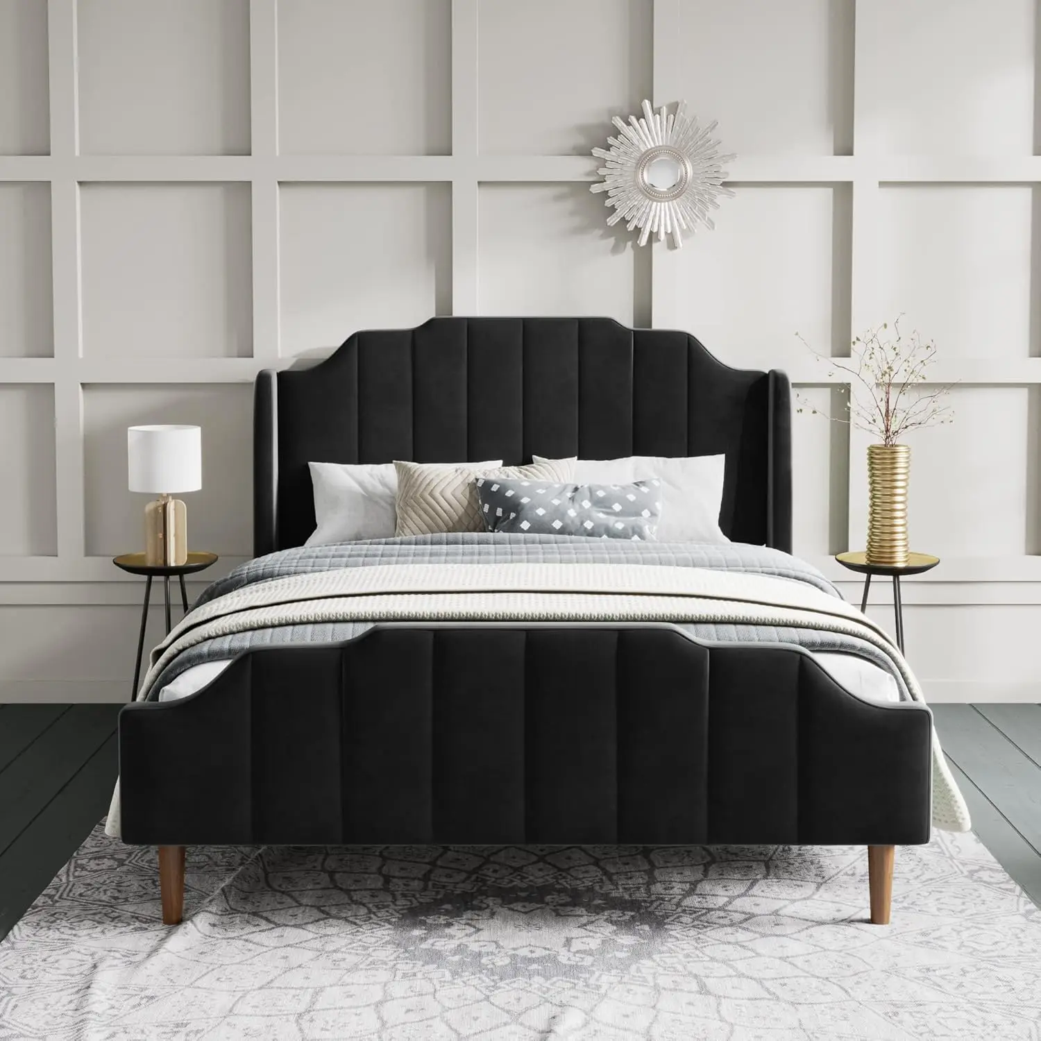 

Upholstered Queen Size Bed Frame with Modern Curved Velvet Wingback Headboard, Heavy Duty Wood Platform Bed