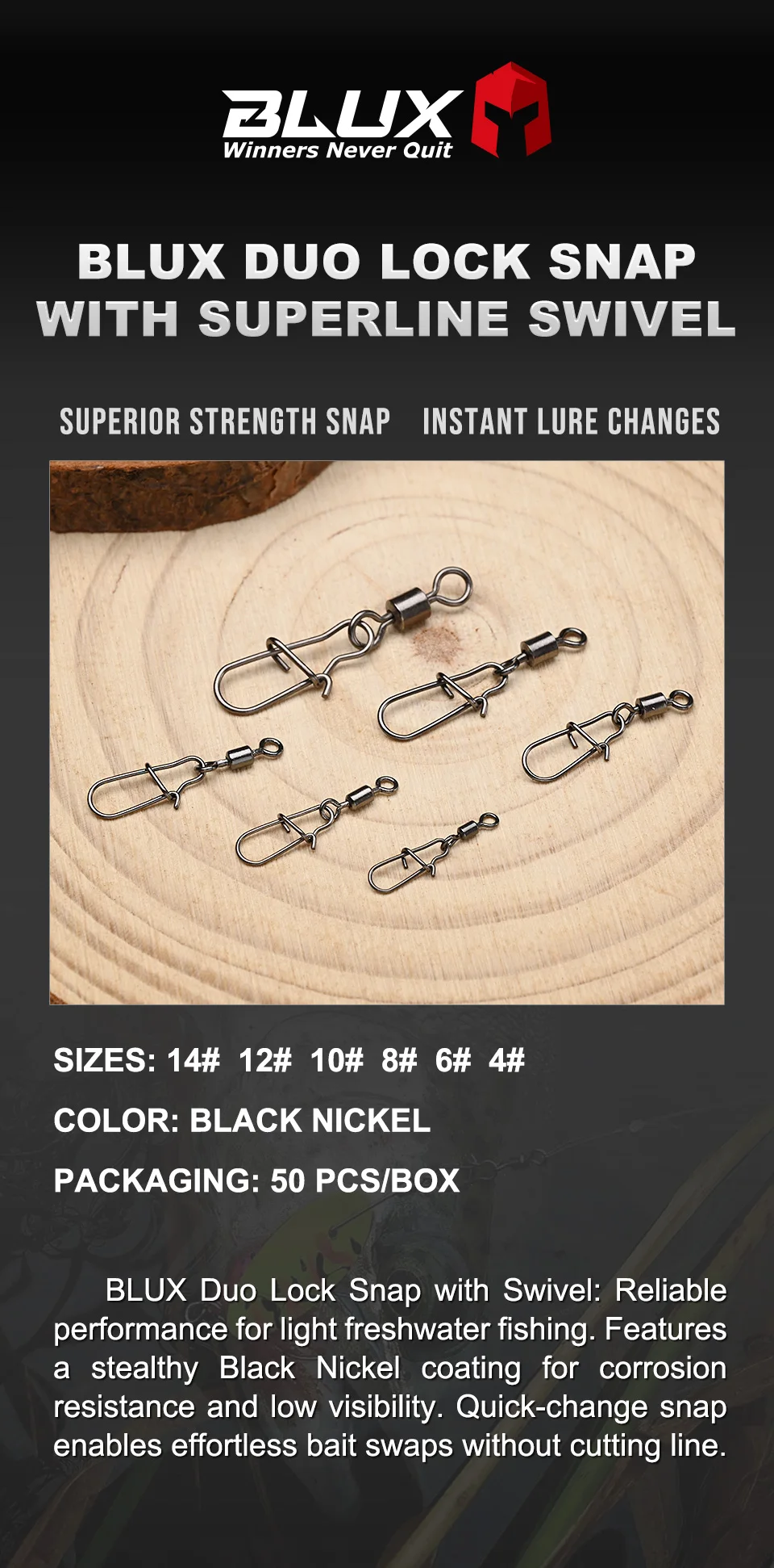 BLUX 50 Stück Lock Snap mit Superline Wirbel Edelstahl-Köderschlaufe Schnellwechsel-Angelklammern Schnelle Geschwindigkeit Anschlussklemme – Detail 1
