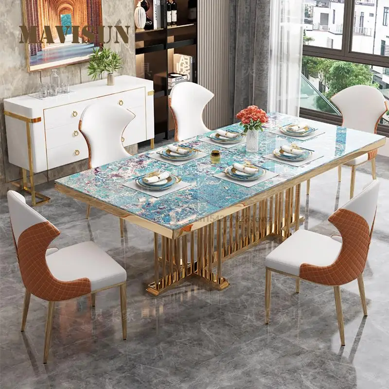 Green Table Dining With 4 Chairs Nordic Kitchen Furniture Set For Home Rectangular Luxury Glossy Slate Loft Dinner Food Table