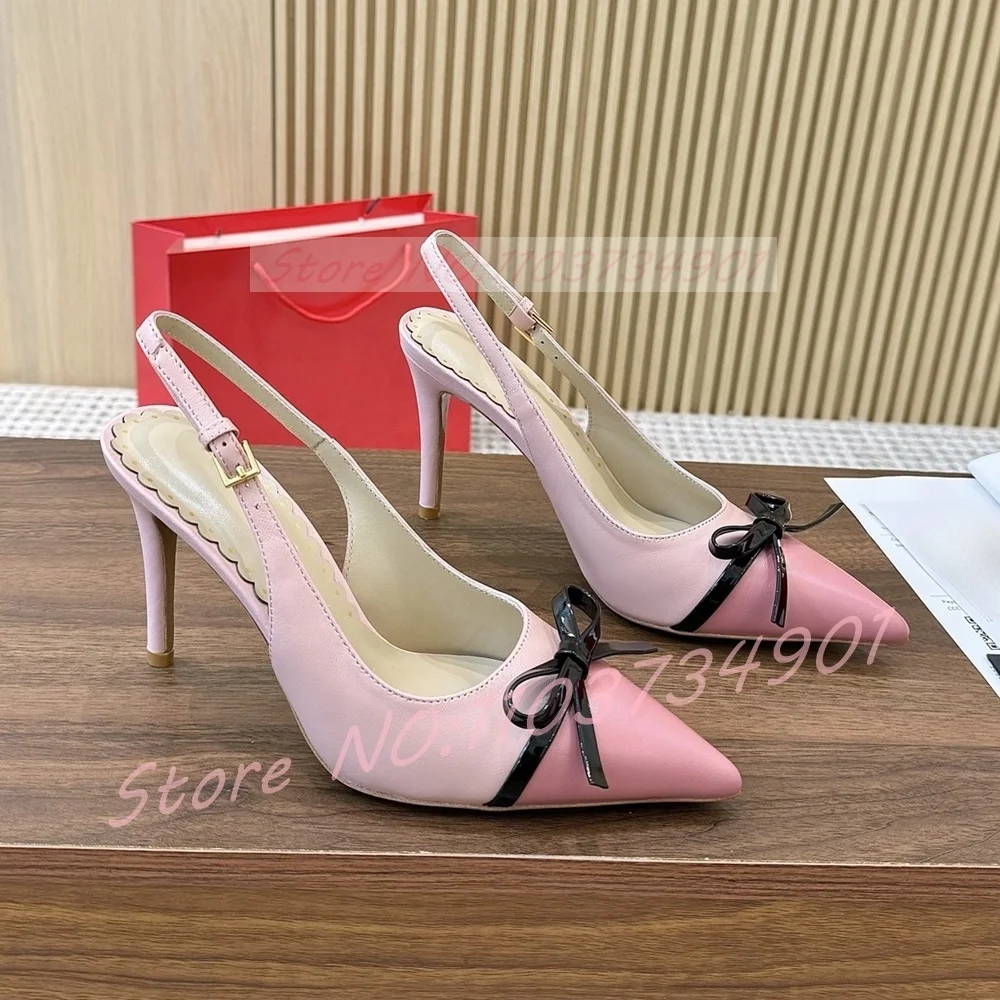 

Сандалии с бантом на пятке, женские элегантные лоскутные розовые туфли на высоком каблуке из натуральной кожи с острым носком, женские пикантные сандалии на шпильке