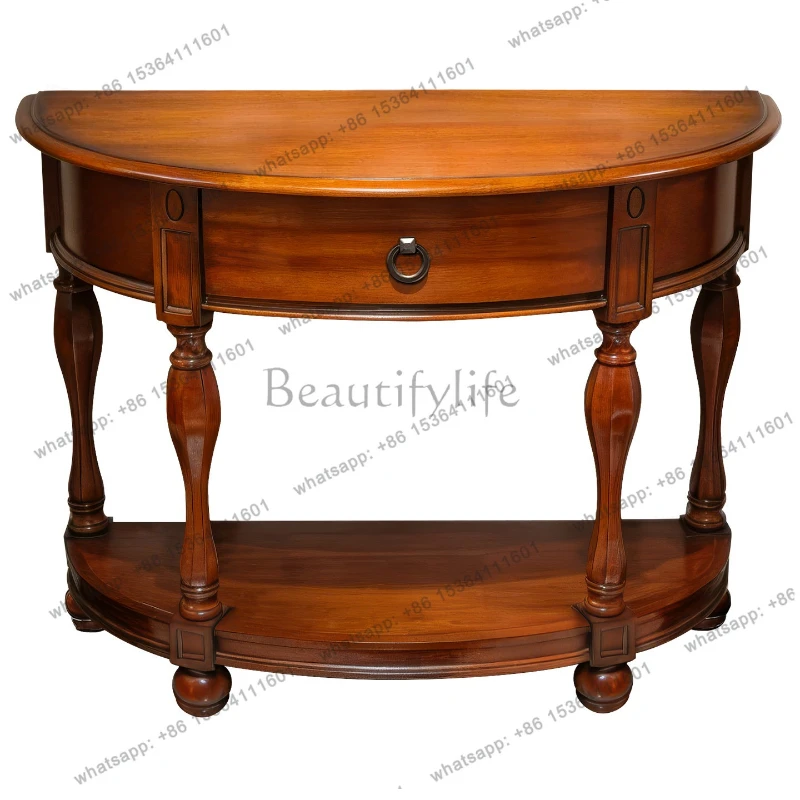 

American retro all solid wood home semi-round entrance cabinet, living room with sofa back
