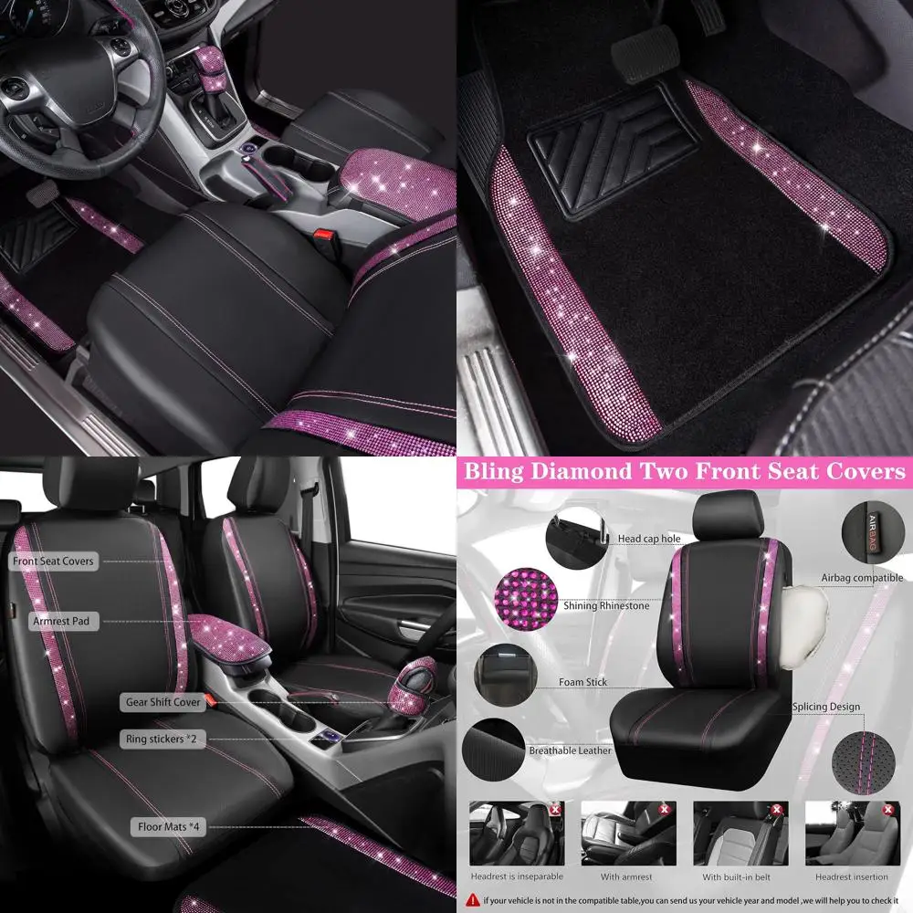 

Glittering Pink Crystal Car Seat Covers & Floor Mats with Anti-Slip Grip, Diamond Car Accessory Set
