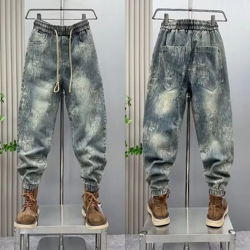 

2025 весенне-осенние модные мужские универсальные крутые потертые синие повседневные модные зауженные повседневные джинсовые брюки