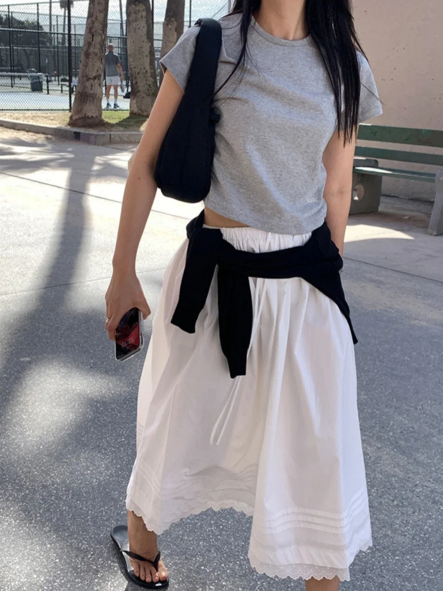 

Юбка А-силуэта с высокой талией, эластичная, миди, с кружевной отделкой, повседневная, из хлопковой марли, короткая, до колена