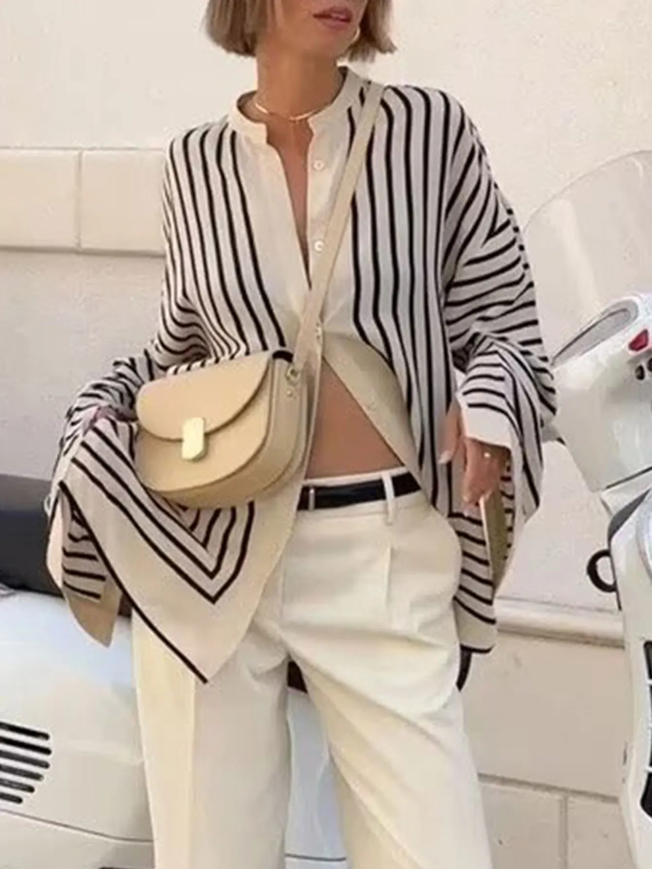 Damen-Sommerhemd, schlicht, intellektuelle Streifen, einreihig, Knopfleiste vorne, lässig, Rundhalsausschnitt, mit Umhangärmeln