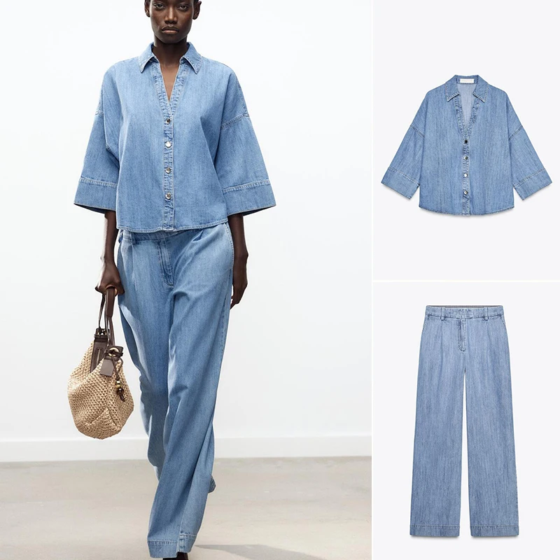 Eenvoudige brede Sve casual denim irt Tu geplooide wijde pijpen casual jeans hoge taille lente 2025, faion-set dameskleding