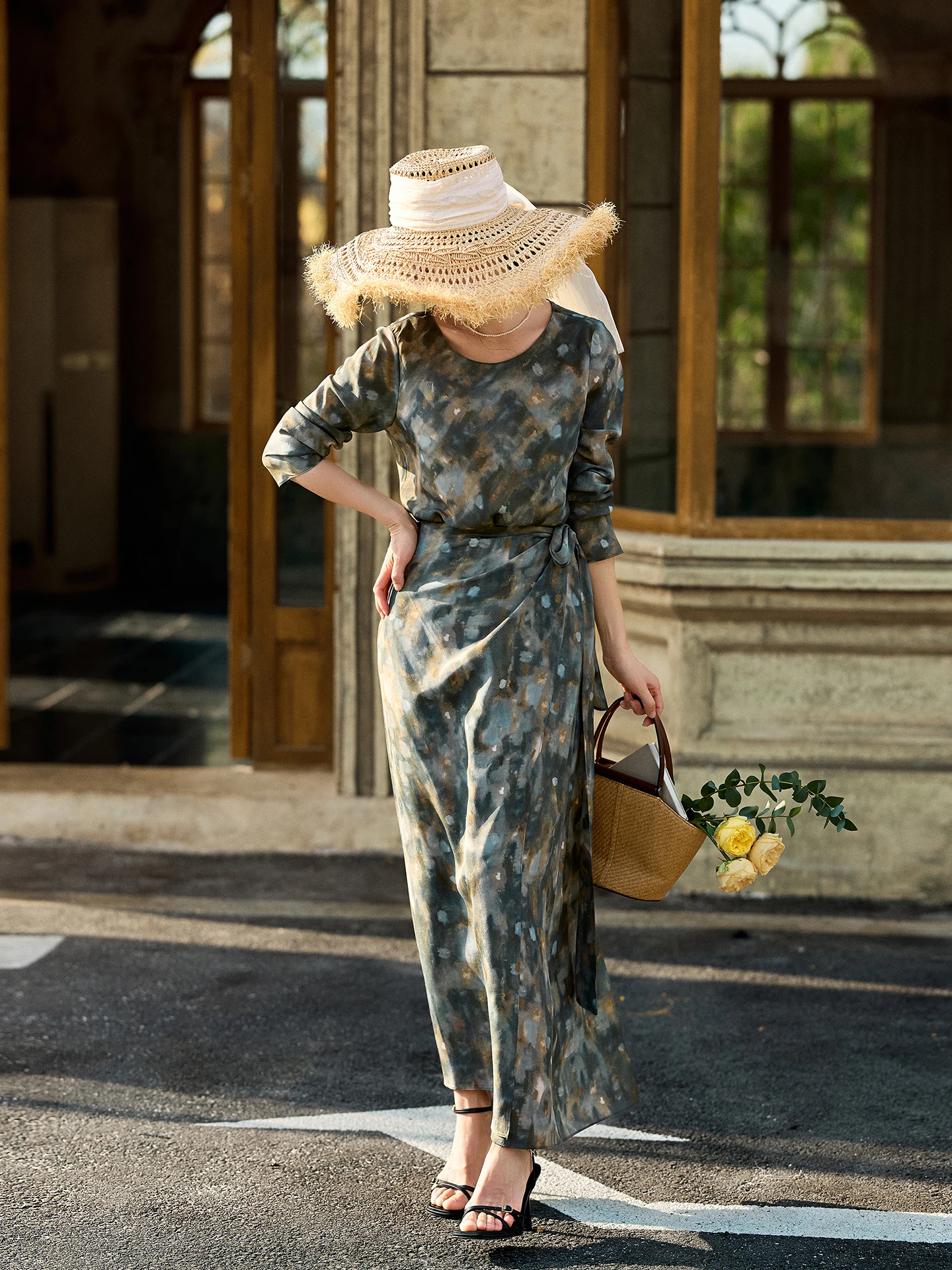 

Spring Summer New Silk Painting Print Belted Top Skirt Set Women's Fashion Breathable Long Sleeve round Neck Fit Body Suit