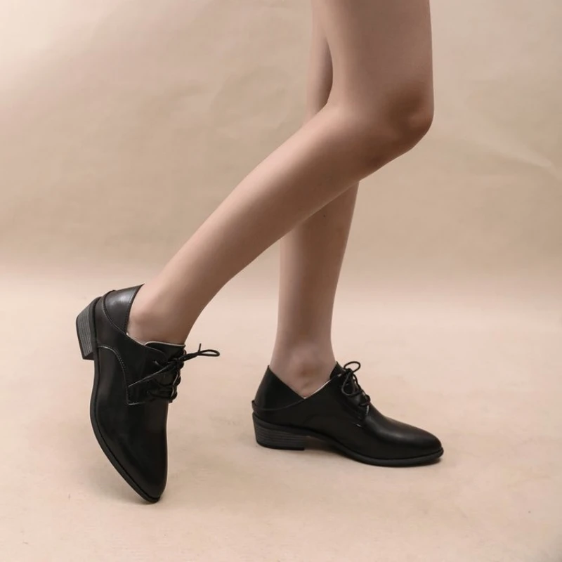 2024 Spring/Autumn Women Shoes Pointed Toe High heels Split Leather Chunky Heel Women Pumps Retro Lace Up Black Shoes for Women