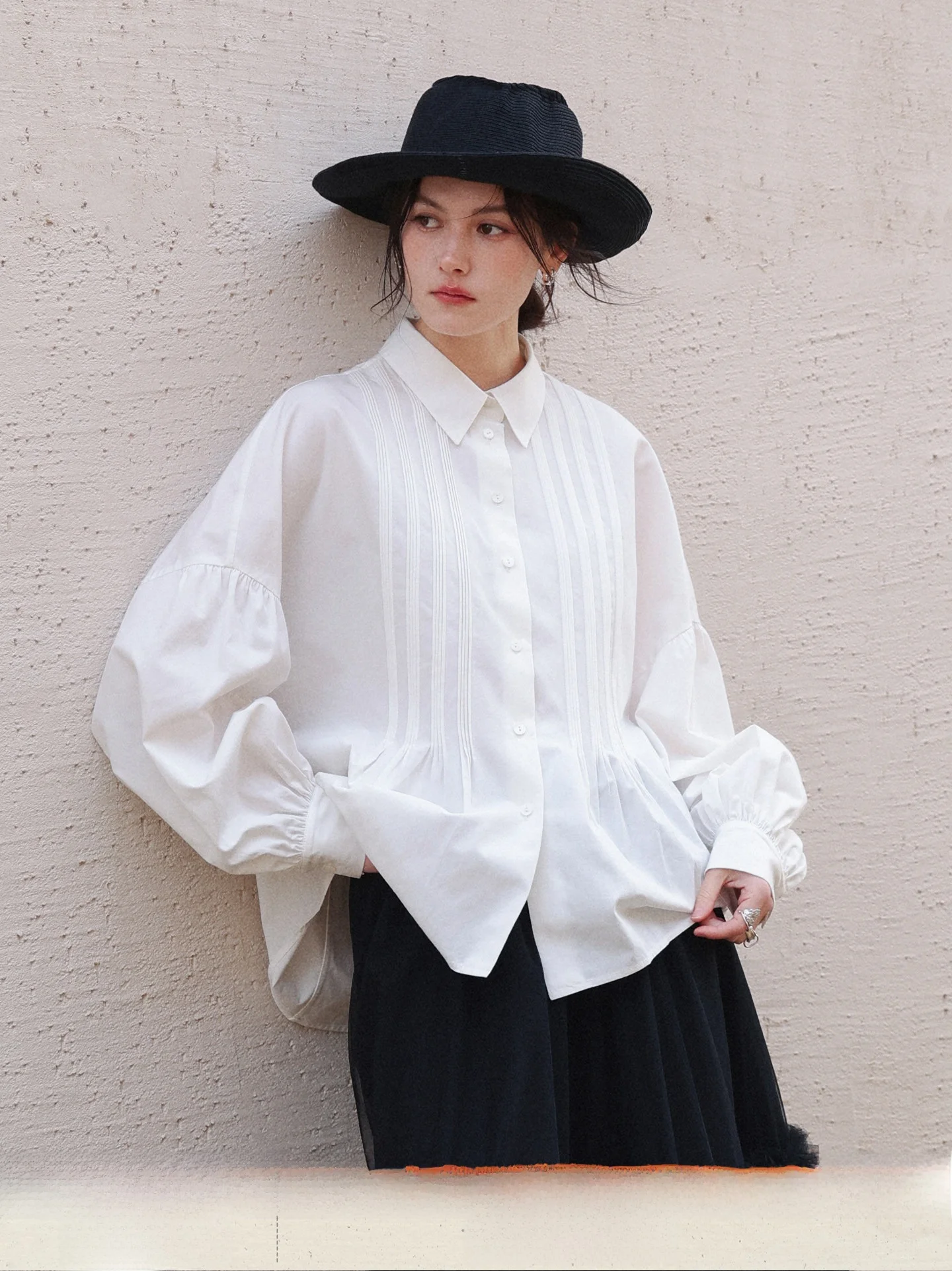 

Loose Fit Cotton Shirt with Lantern Sleeves Stand Collar Open Cardigan Style Casual Breathable Women's Fashion Spring Shirt