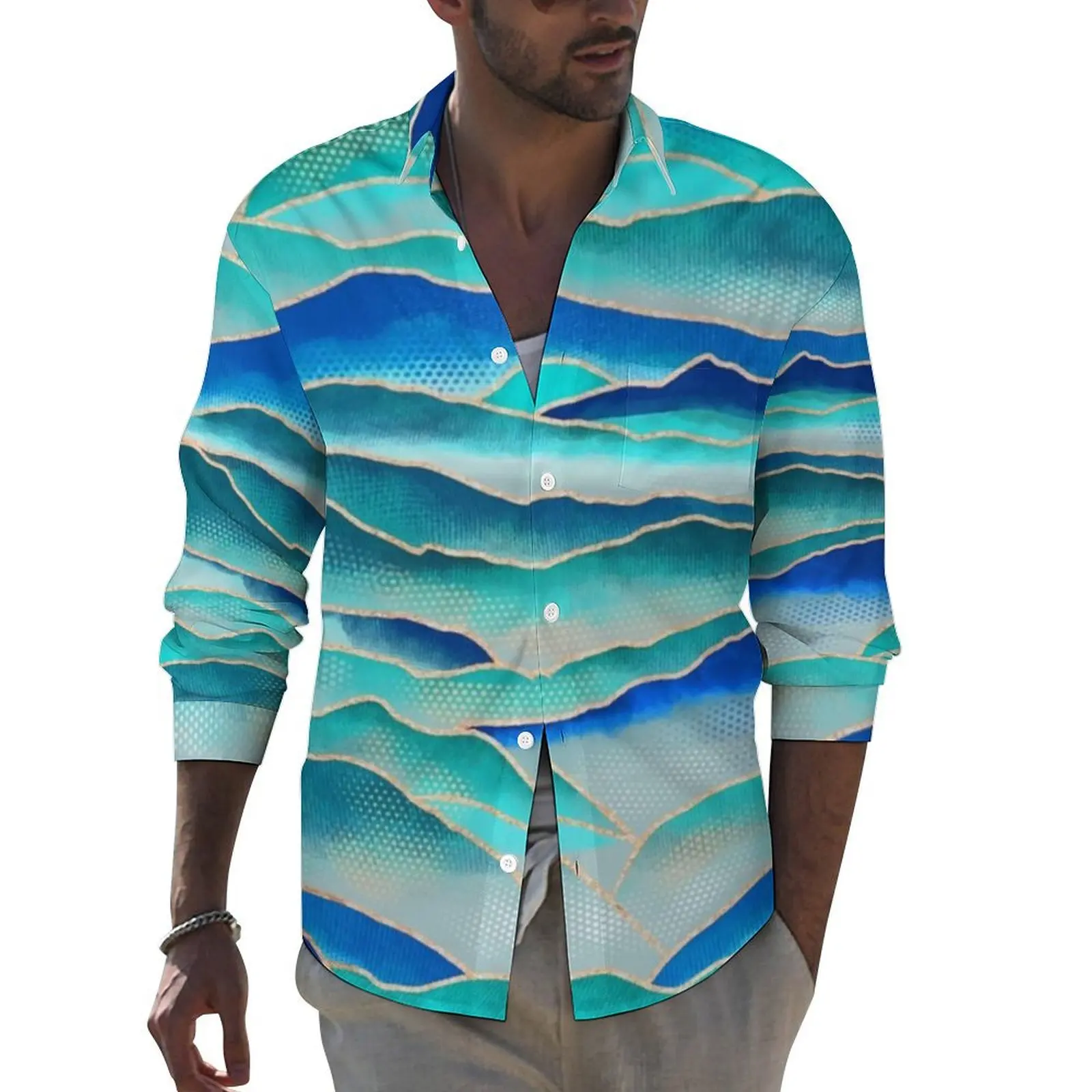 Misty Malibu Mountains Aesthetic Casual Shirt Men Line Art Print Shirt Spring Cool Blouses Long Sleeve Graphic Oversized Top