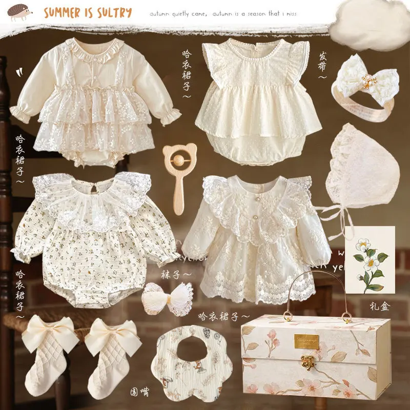 Newborn Girl Clothing Box Elegant Lace Romper Outfit Set Premium Present For Baby Shower Gift Celebration Ceremony Daily Wear