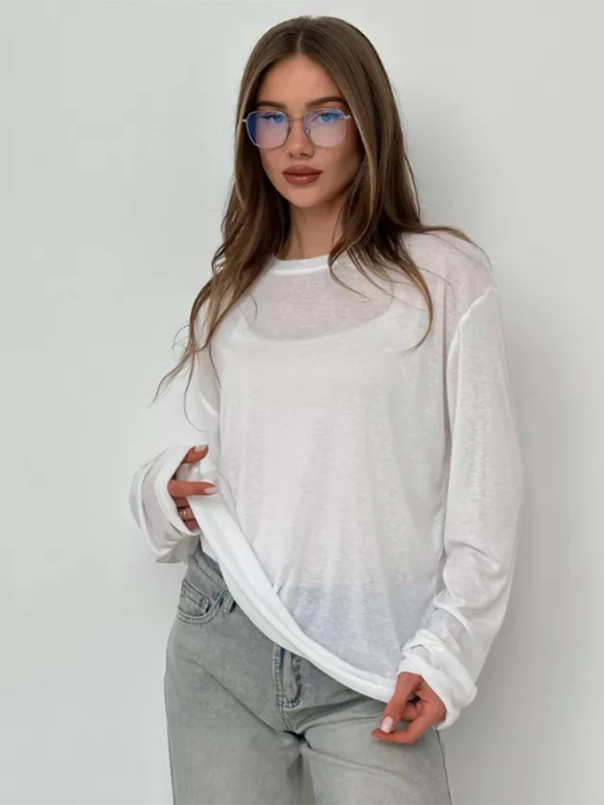 

Parc Fee Casual Loose White Women's T-Shirt 2026 Fashion O-Neck Long Sleeve T Shirts Elegant Simple Solid Top Female Clothing