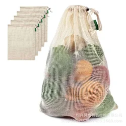 1PC Portable Natural Organic Pure Cotton Mesh Bag Vegetable Fruit Storage Container Household Cotton Bag Storage Drawstring Bags