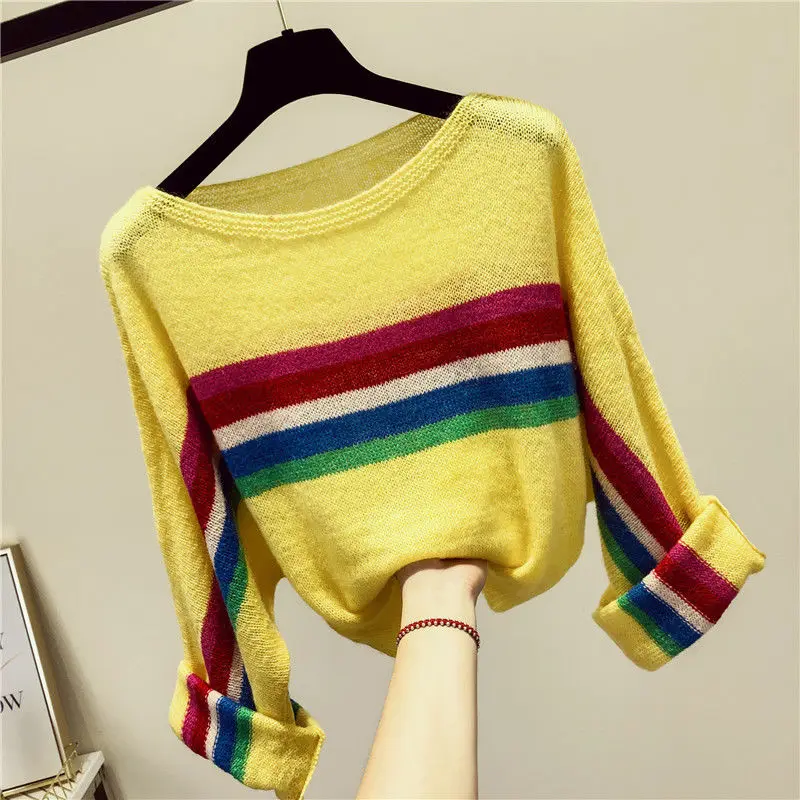 Female Fashion Loose Color Striped Knitted Pullovers Autumn Winter Women\'s Clothing Korean All-match Long Sleeve Thin Sweaters