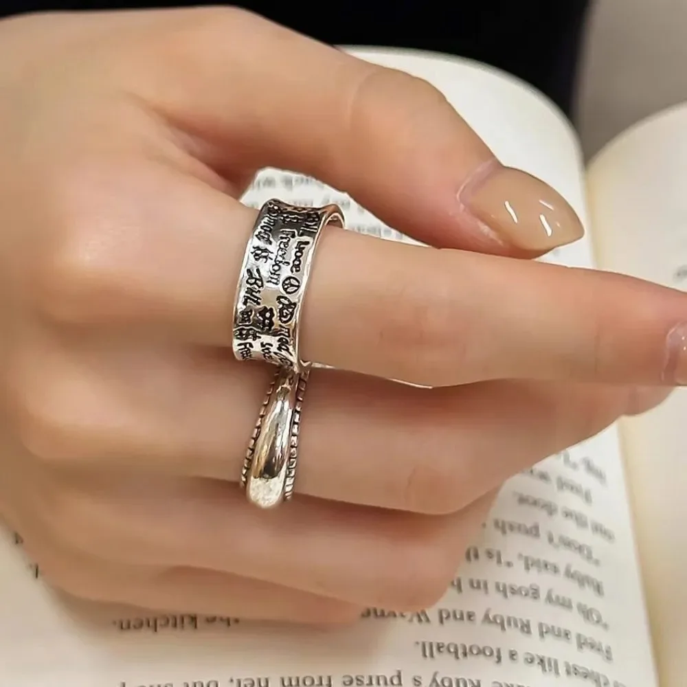 Korean Vintage Graffiti Letter Ring for Women Minimalist Fashion Hip Hop Style Unique Open Adjustable Finger Jewelry