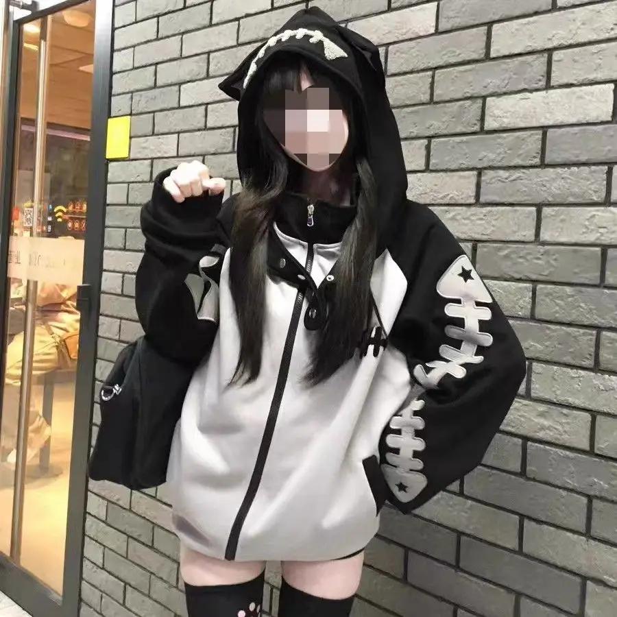 Cute Removable Hat Fishbone Stand Collar Sweatshirt Y2K Jacket Girl's Style Standard Fit Student Suitable Autumn 2026