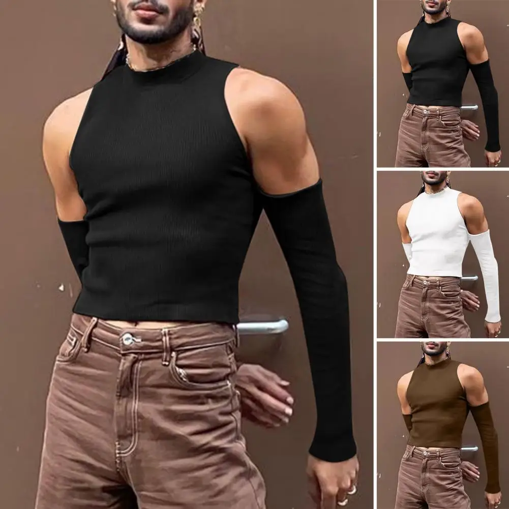 Men Club Top Men Long Sleeve Top Off Shoulder Male Shirt Slim Fit Solid Color Half-high Collar Elastic Breathable Party Tank Top