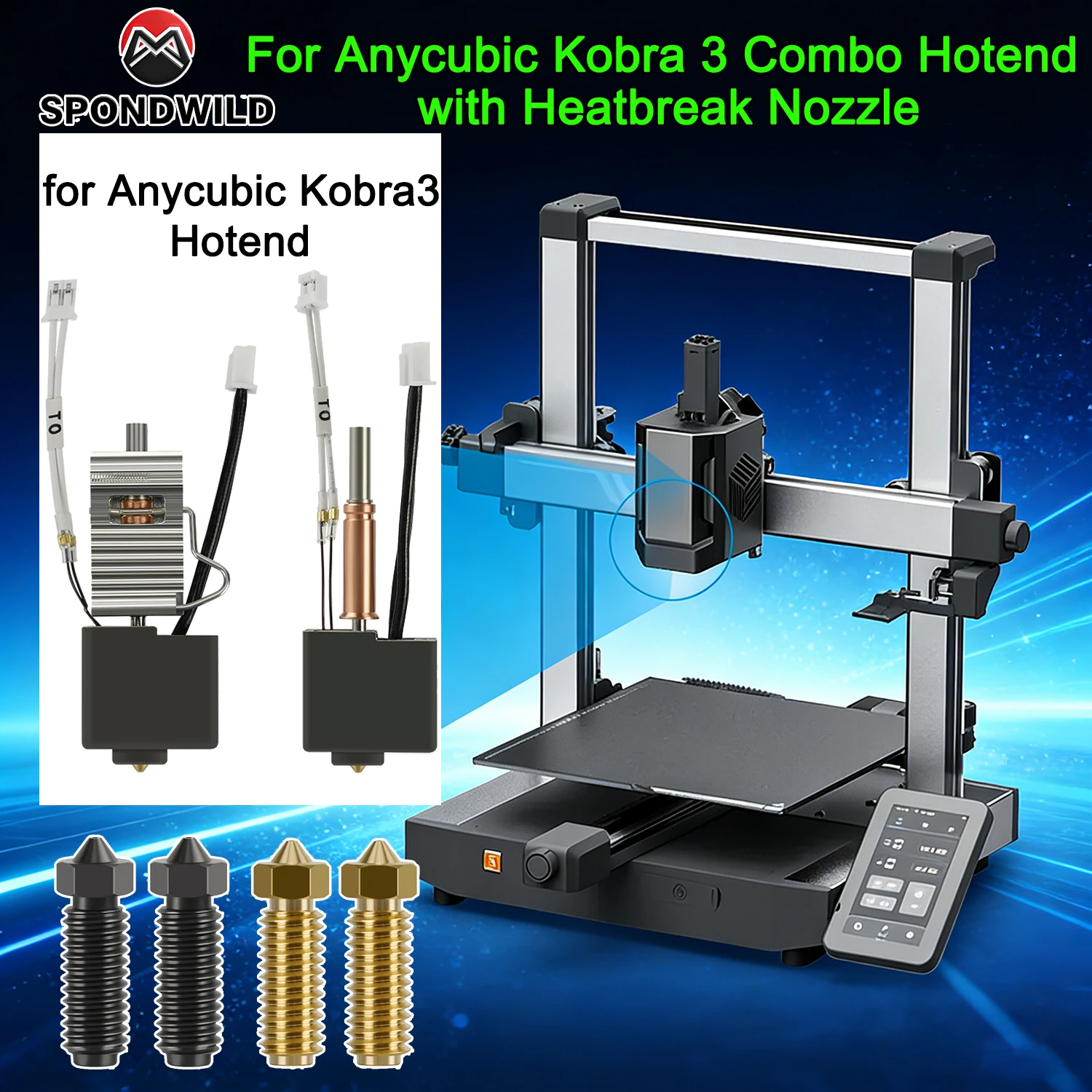 

SPONDWILD Kobra 3 Hotend Thermistor for Anycubic Kobra 3 Combo Hot End with Heatbreak Throat Heater Block Hardened Steel Nozzle