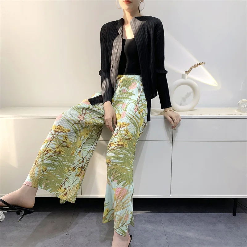 

Miyake Summer New Pants Side Split Digital Print Pleated Wide Leg Pants Comfortable Casual Women's Clothing Apparel