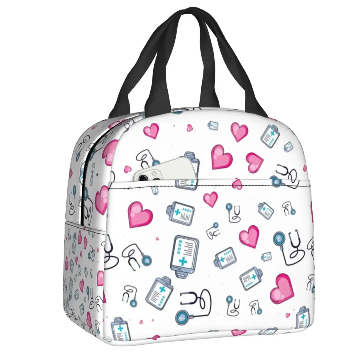 Stethoscope Heart Pattern Insulated Lunch Bags Cartoon Nurse Nursing Portable Cooler Thermal Bento Box Kids School Children