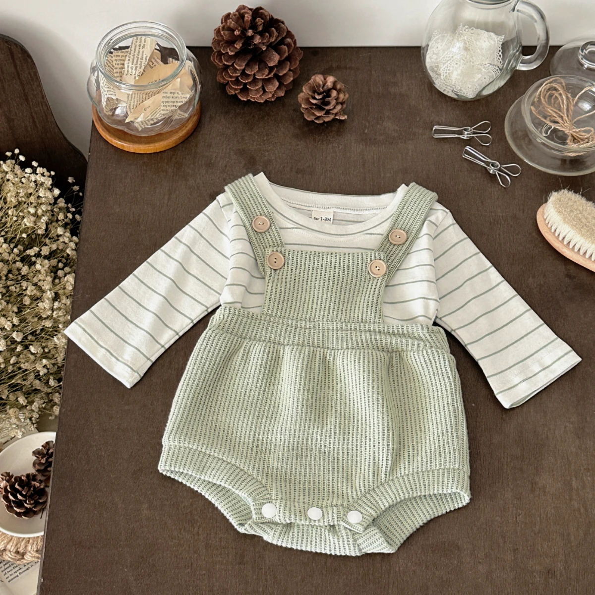 2Pcs/set Autumn New Baby Romper Set Fresh Green Striped Long Sleeved+Shoulder Strap Jumpsuit Newborn Girls Items Breathable