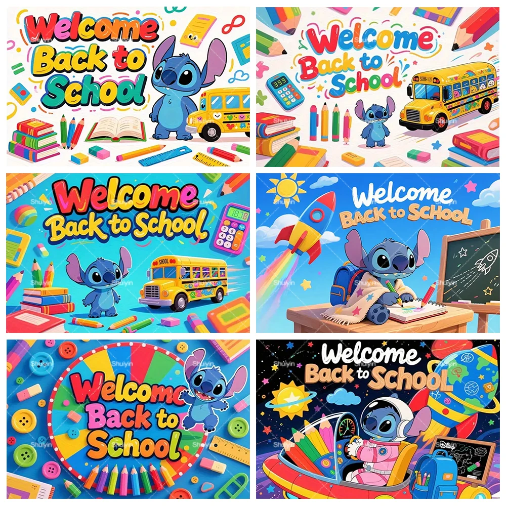 

Back to School Disney Stitch Theme Backdrop School Party Wall Door Banner Decor Kid Baby Photography Background Photo Booth Prop
