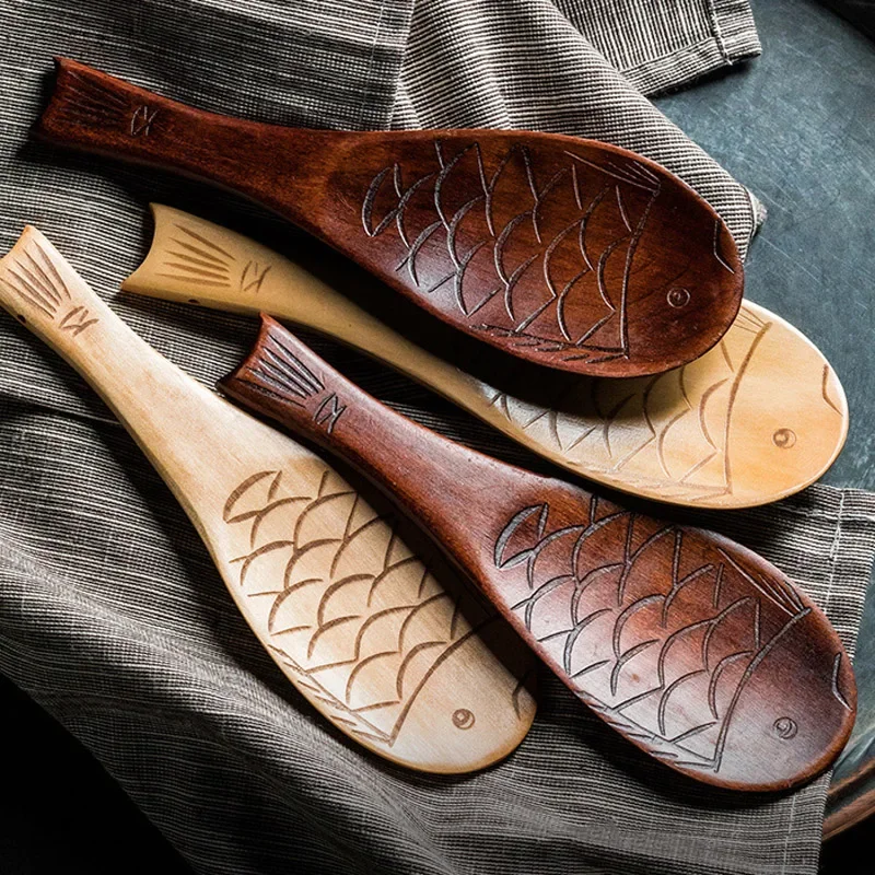 4Pcs Rice Spoon Wooden Kitchen Spoon Scoop Rice Spatula Fish Shape Serving Spoon Rice Paddle Ladle Kitchen Restaurant Tableware